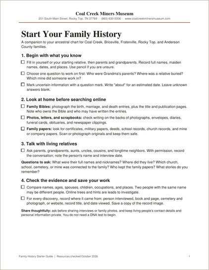 Preview of page 1 of the Start Your Family History guide